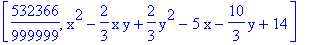 [532366/999999, x^2-2/3*x*y+2/3*y^2-5*x-10/3*y+14]